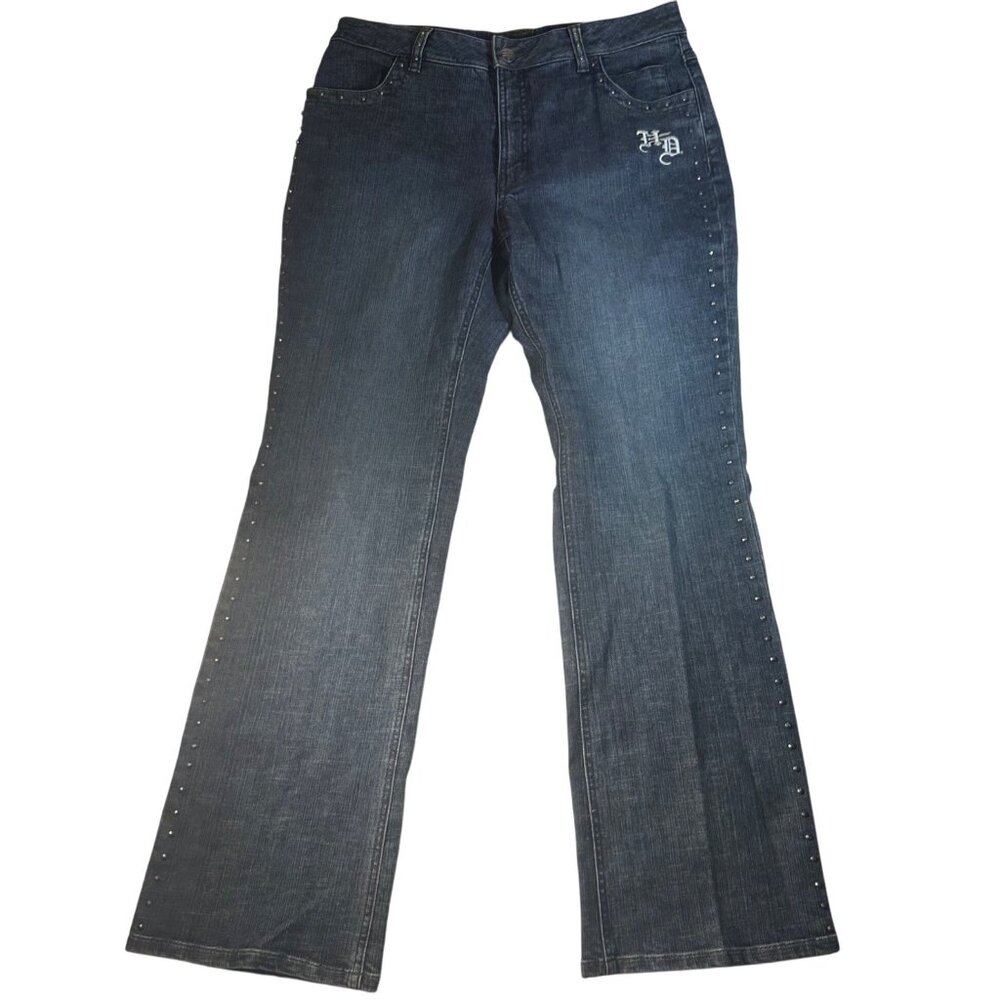 Harley-Davidson Womens Studded Embroidered Blue Denim Jeans SZ 12 High Rise EUC - Picture 11 of 12